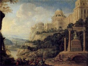 Weite Gebirgige Fluslandschaft Mit Einem Palast, Einem Antiken Monument Und Christus, Der Den Aposteln Predigt