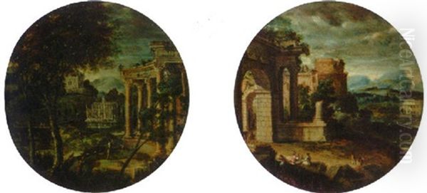 A Figure Before A Portico In A Mountainous River Landscape - view 1