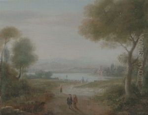 An Italianate Landscape With Elegant Figures On A Path, A Shepherd And His Flock At The Side Of A Lakeside Beyond by Hendrick Frans van Lint