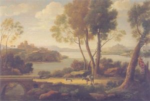An Extensive Italianate River Landscape With A Goat And Donkey Near A Small Bridge