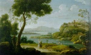 An Extensive Landscape With Figures By A River, A Town Beyond by Hendrick Frans van Lint