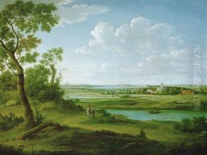 Weite Fluslandschaft Mit Reiter Auf Einem Uferweg