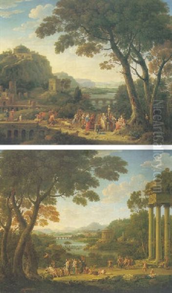 An Extensive Landscape With Venus, Apollo And Cupid, Silenus And Other Classical Figures And Temples - view 1