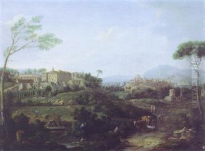 Capriccio Architettonico Con Due Borghi Laziali Ed Altri Edifici Sullo Sfondo Con Greggi Ed Astanti Vari