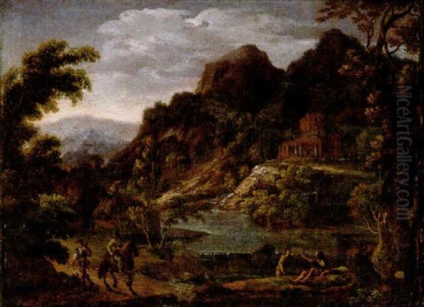 Sportsmen On A Track Near A Waterfall, A Castle Beyond, In An Italianate Landscape - view 1