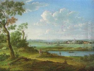 An Extensive River Landscape With A Horseman On A Path, A Church And Town Beyond by Hendrick Frans van Lint