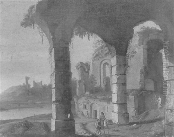 Ruines Antiques Animees De Cavaliers Et Promeneurs - view 1