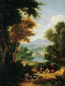 An Italianate Landscape With Peasants And Farm Animals By A River