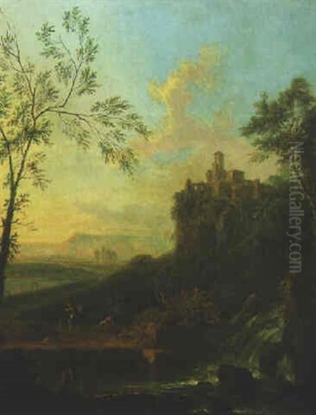 An Italianate River Landscape With A Cascade, A Castle On An Outcrop Beyond - view 1