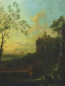 An Italianate River Landscape With A Cascade, A Castle On An Outcrop Beyond