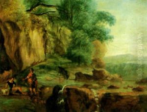 Rocky Landscape With Shepherds And A Goat By A Stream by Hendrick Frans van Lint