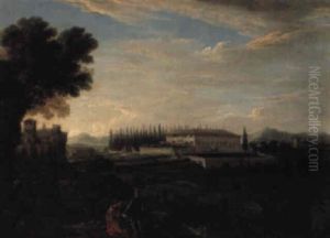 A View Of A Tuscan Villa With An Artist Sketching In The Foreground