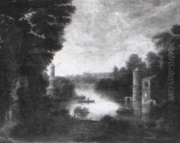 A River Landscape With Figures On A Bank, A Monastery Beyond - view 1