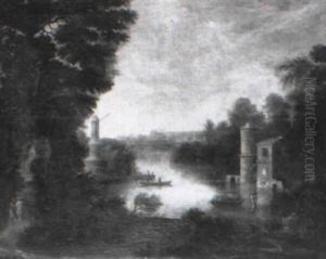 A River Landscape With Figures On A Bank, A Monastery Beyond by Hendrick Frans van Lint