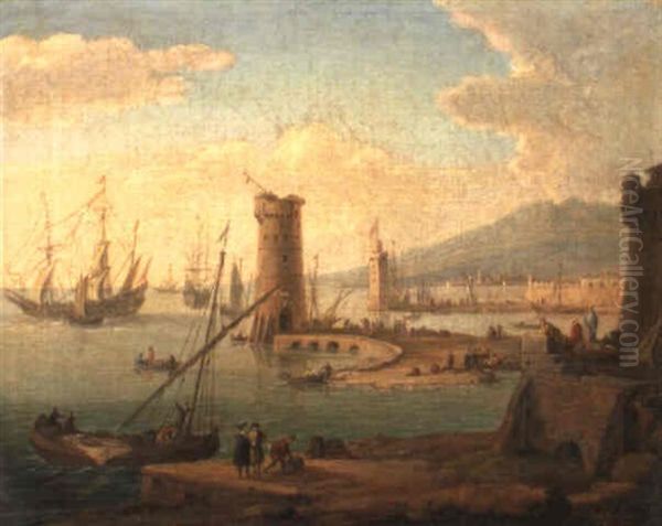 An Italian Harbour Scene With Boats At Anchor And Figures On The Quay - view 1