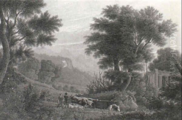 A Wooded Landscape With Shepherds Watering Sheep And Cattle - view 1
