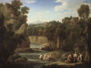 Wooded Arcadian Landscape With A Satyr And Nymphs Near A Cascade by Hendrick Frans van Lint
