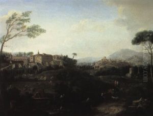 Campagnan Landscape With A Distant City And Figures On A Road by Hendrick Frans van Lint