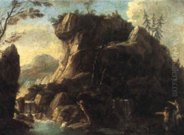 Rocky River Landscape With Figures By A Cascade - view 1