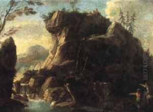 Rocky River Landscape With Figures By A Cascade