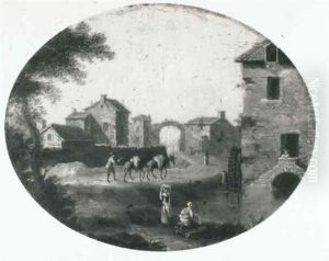 An Italianate Landscape With Washerwomen By A Pool With A Muleteer On A Track by Hendrick Frans van Lint