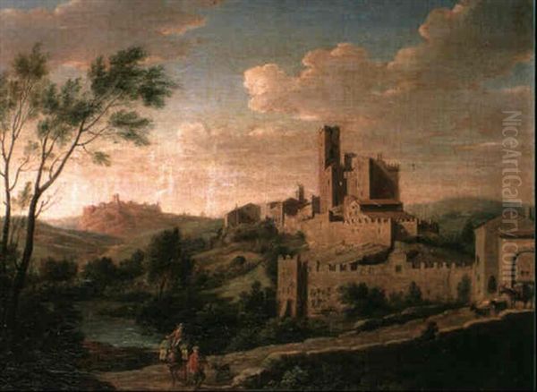 A View Of A 'borghetto' With A Traveller On A Pack Mule Accompanied By A Man Leading A Dog Along A Road - view 1