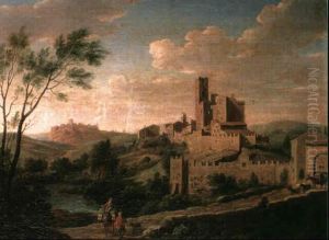A View Of A 'borghetto' With A Traveller On A Pack Mule     Accompanied By A Man Leading A Dog Along A Road by Hendrick Frans van Lint
