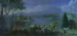 An Italianate Landscape With Cowherds Resting In The Fore-  Ground, A Lake And Villages Beyond