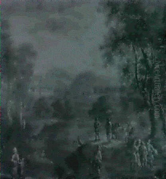 Bathers In A Wooded Lake Landscape           Travellers On A Path By A Lake - view 1