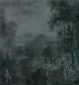 Bathers In A Wooded Lake Landscape Travellers On A Path By A Lake by Hendrick Frans van Lint