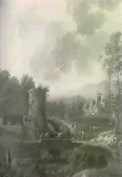 An Italianate Pastoral Landscape With Figures On A Bridge Above A Waterfall Beside A Ruin, A Lake, A Village... - view 1