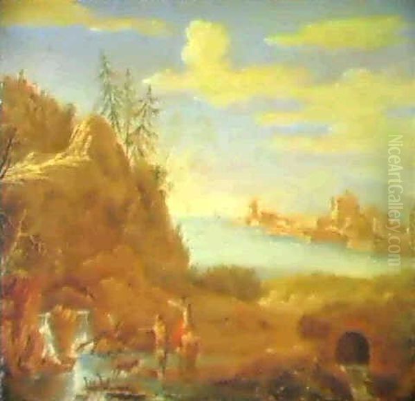 Costal Landscape With Figures Beside A Cascade, A           Fortified Town Beyond - view 1