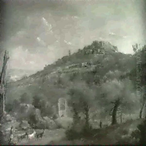 Goat Herd With An Italian Hilltown In The Background - view 1
