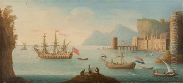 Englisches Und Niederlandisches Schiff Vor Italienischer Kuste Mit Hafenstadt. - view 1