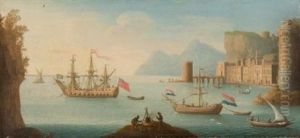 Englisches Und Niederlandisches Schiff Vor Italienischer Kuste Mit Hafenstadt. by Jacob van Lint