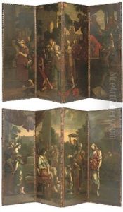 The Charity Of Saint Laurence (+ A Woman Having Her Feet Washed Amongst Other Figures By Classical Building; 2 Works Mounted As Two Four-fold Screens)