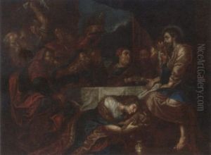 The Magdalen Washing The Feet Of Christ At The House Of Simon The Pharisee by Peter Van Lint