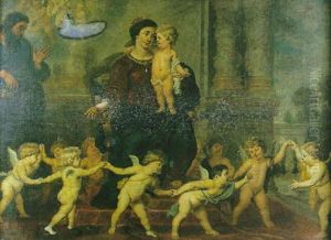 La Vierge A L'enfant Entouree D'une Ronde D'angelots Devant Une Architecture