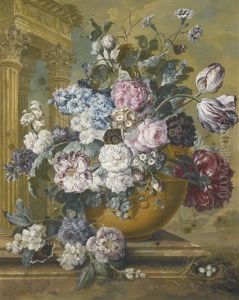 Still Life Of Summer Flowers In A Bowl, With Butterflies And A Bird's Nest Upon A Marble Ledge, A Temple Beyond Still Life Of Summer Flowers In A Bowl, With Butterflies And A Bird's Nest Upon A Marble Ledge, A Temple Beyond