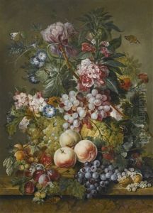 A Still Life Of Fruit And Flowers, Including Peaches, Grapes, Plums, Currants, Melon And Peonies, Convolvuli And Blossom All In A Basket On A Marble Ledge by Jacobus Linthorst