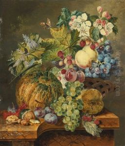 Strawberries, Grapes, Plums And A Peach In A Basket Surrounded By Flowers And Other Fruits And Vegetables, All Resting On A Marble Ledge Strawberries, Grapes, Plums And A Peach In A Basket Surrounded By Flowers And Other Fruits And Vegetables, All Resting On A Marble Ledge