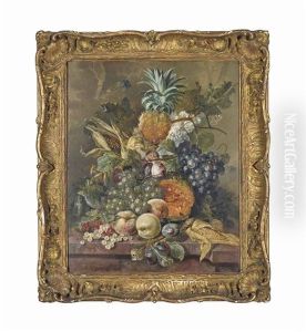A Pineapple, Grapes, Peaches, Melons, Corn, Plums And Stocks On A Stone Ledge With Butterflies In A Landscape A Pineapple, Grapes, Peaches, Melons, Corn, Plums And Stocks On A Stone Ledge With Butterflies In A Landscape