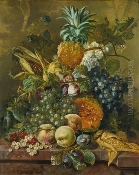 A Pineapple, Plums, Grapes And Other Fruit With Corn On A Marble Ledge - view 1