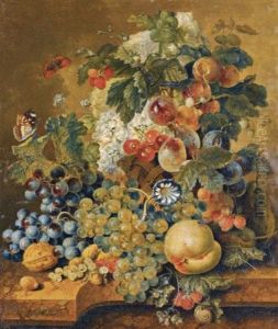A Still Life With A Basket Of Fruit, Nuts, And Flowers On A Stone Ledge, With A Fly, Butterflies, A Dragon Fly, And A Snail