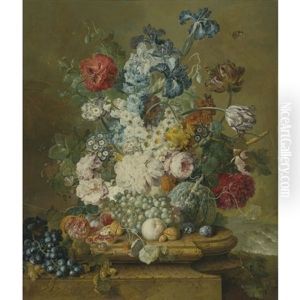 Still Life Of Peonies, Primroses, Irises, Tulips, A Poppy And Other Flowers With Grapes, A Melon, A Pomegranate, Peaches, Plums And Nuts, All On A Carved Stone Ledge With A Waterfall Landscape Beyond Still Life Of Peonies, Primroses, Irises, Tulips, A Poppy And Other Flowers With Grapes, A Melon, A Pomegranate, Peaches, Plums And Nuts, All On A Carved Stone Ledge With A Waterfall Landscape Beyond