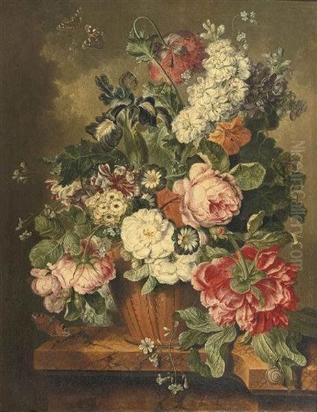 A Lily, Roses, Violets And Other Flowers In An Earthenware Vase On A Marble Ledge With Butterflies And A Snail - view 1
