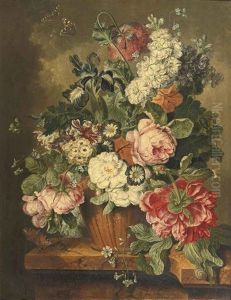 A Lily, Roses, Violets And Other Flowers In An Earthenware Vase On A Marble Ledge With Butterflies And A Snail