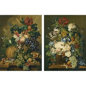 A Still Life With A Melon, A Pomegranate, Grapes, Raspberries, Peaches, Tulips, Ears Of Corn, Walnuts, A Butterfly And Other Fruit And Flowers In A Basket On A Stone Ledge (+ A Still Life Of Grapes, Walnuts, Recurrents, Tulips, Daffodils, Strawberries, A by Jacobus Linthorst