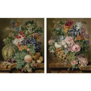 Still Life Of A Melon, White And Black Grapes, A Peach, Pears, Plums, Walnuts, Hazelnuts, Raspberries, Cherries And White Currants With Delphinium And Marigolds On A Marble Ledge(+ Still Life Of Roses by Jacobus Linthorst