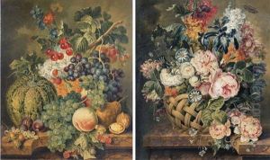 A Melon, White Grapes, Peaches, A Pear, Walnuts, Black Grapes And Cherries With Flowers And A Snail (+ Roses, Carnations, Irises, Cornflowers And Other Flowers; Pair) by Jacobus Linthorst